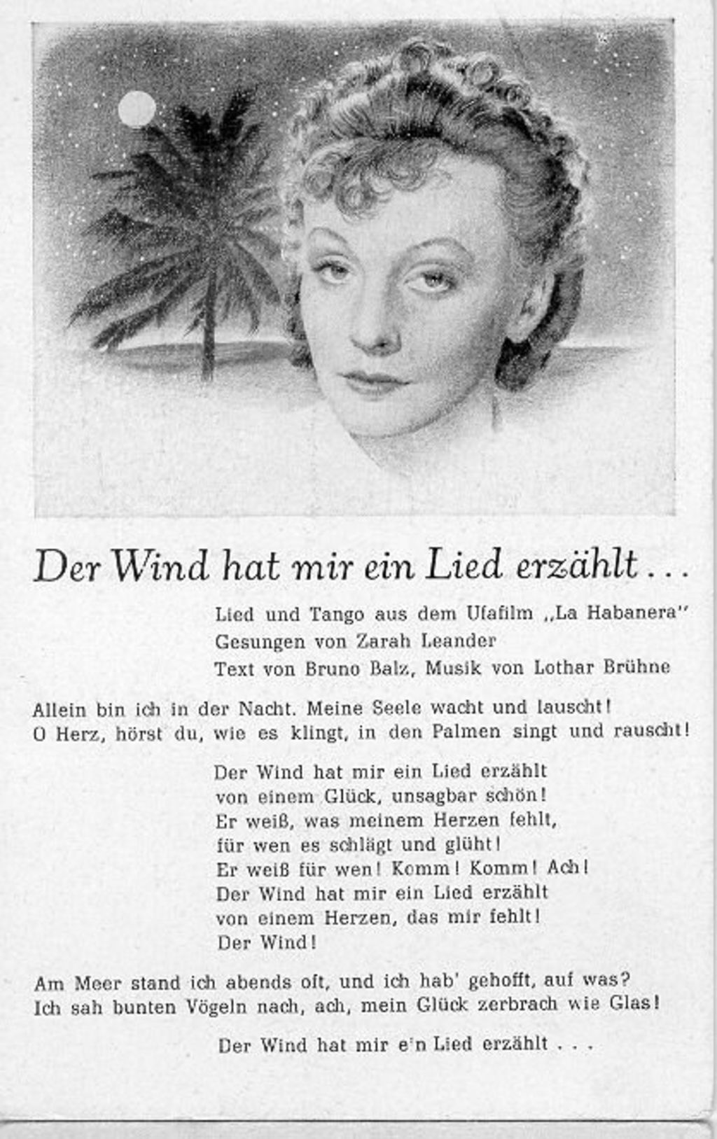 Postkarte: Leander, Zarah "Der Wind hat mir ein Lied erzählt", 1937/38