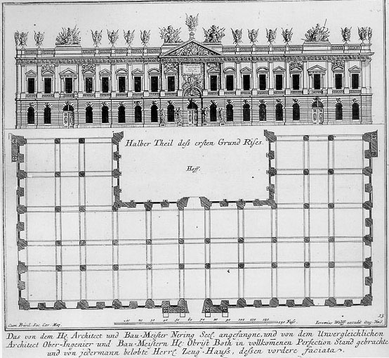 Zeughaus mit halbem Grundriß, Stich Nr. 13 einer Serie 
Berliner Bauten, von Jeremias Wolff, Augsburg, erste Hälfte 18. Jh., Kupferstich