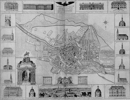 Joh. Friedrich Walter, Georg Paul Busch, "Plan und Prospect der K&ouml;nigl. Preu&szlig;ischen und Chur 
Brandenburg. Haupt- und Residenzstadt Berlin", 1738, Kupferstich
