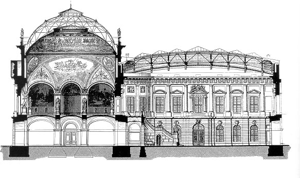 Das Zeughaus. Querschnitt durch Hof, Haupttreppe und Ruhmeshalle nach dem Umbau von 1877-1881 durch den Architekten Friedrich Hitzig