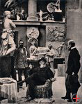 Reinhold Begas im Atelier mit Gehilfen, Fotografie aus unbekannter Tageszeitung, wohl anlsslich des 75. Geburtstages 1906 