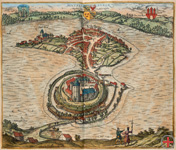 Die typische Struktur der Slawenburgen ist auch noch nach Jahrhunderten erkennbar, Darstellung der Ratzeburg um 1599 (DHM)