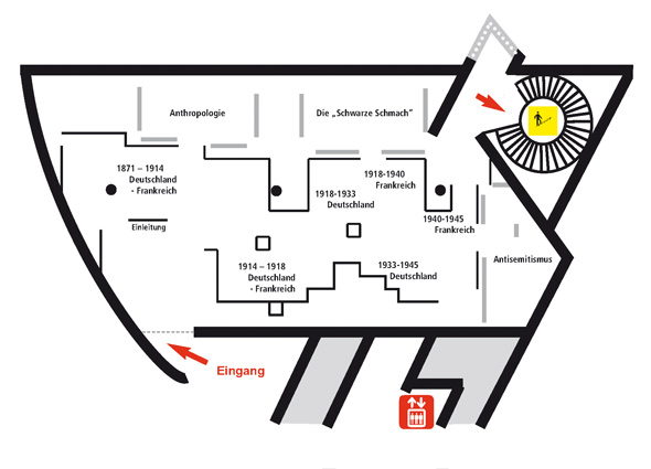 Grundriss der Ausstellung in der Ausstellungshalle von I. M. Pei im 1. OG