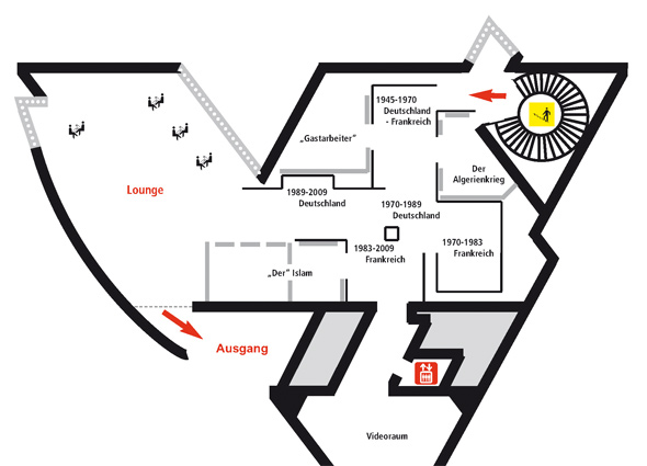 Grundriss der Ausstellung in der Ausstellungshalle von I. M. Pei im 2. OG