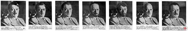 »›A‹ Retouched to Show Possible Disguise«, Hitler in den Augen eines amerikanischen Maskenbildners, USA, 1945, Maryland, National Archives at College Park, 226_P-25-1854 A – G
