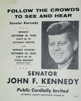Wahlkampfplakat "Folgt den Menschenmengen um Senator Kennedy zu sehen und zu hören", 1960 