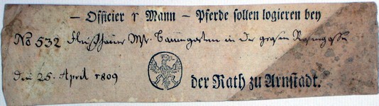 Quartierscheine - ausgestellt vom Rath zu Arnstadt