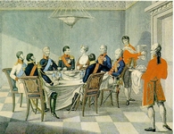 Tischrunde in Tilsit: Napoleon und Königin Luise mit Zar Alexander, Friedrich Wilhelm III. und Joachim Murat