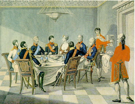 Tischrunde in Tilsit: Napoleon und Königin Luise mit Zar Alexander, Friedrich Wilhelm III. und Joachim Murat