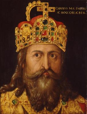Idealised portrait of Charlemagne with coronation decorations and imperial crown