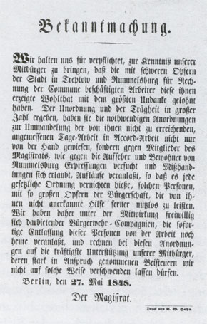 Bekanntmachung des Berliner Magistrats, 27. Mai 1848