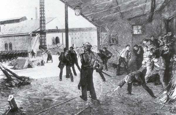 Streik der Hammerschmiede, Holzstich nach Theodor Esser