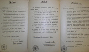 Bekanntmachung ber die Verpflichtung von Kriegsgefangenen zur Arbeit gemss Haager Konvention von 1907 (Dreisprachig Franzsisch/Englisch/Russisch)