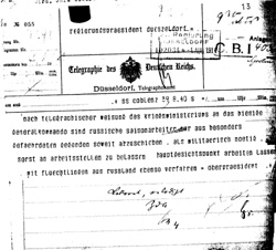 Telegramm des Oberprsidenten von Koblenz an den Regierungsprsidenten Dsseldorf zum Vertrieb russischer Saisonarbeiter