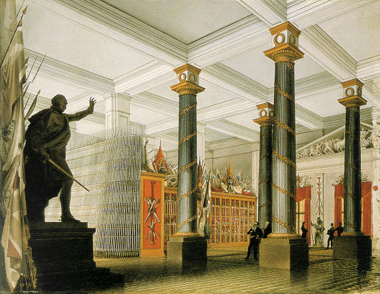 Michael Karl Gregorovius, Innenansicht des Berliner Zeughauses 1835, Öl/Lw., Blick in die "Kunst-Rüstkammer" im Obergeschoß des Nordflügels mit Gipsmodell 
des Bronzestandbildes Blüchers von Chr. Daniel Rauch