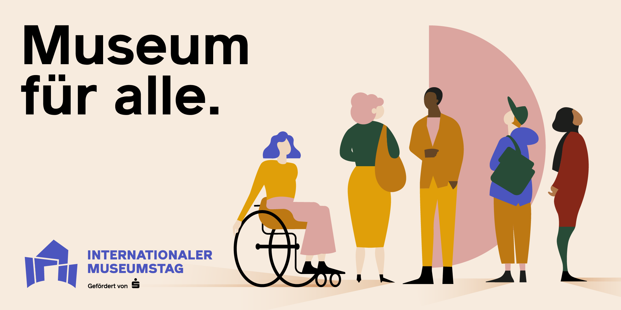 "Museum für alle" steht auf diesem Bild. Daneben sind fünf gezeichnete Personen, die jeweils unterschiedliche Bedürfnisse symbolisieren. Zum Beispiel sitzt eine Person in einem Rollstuhl.