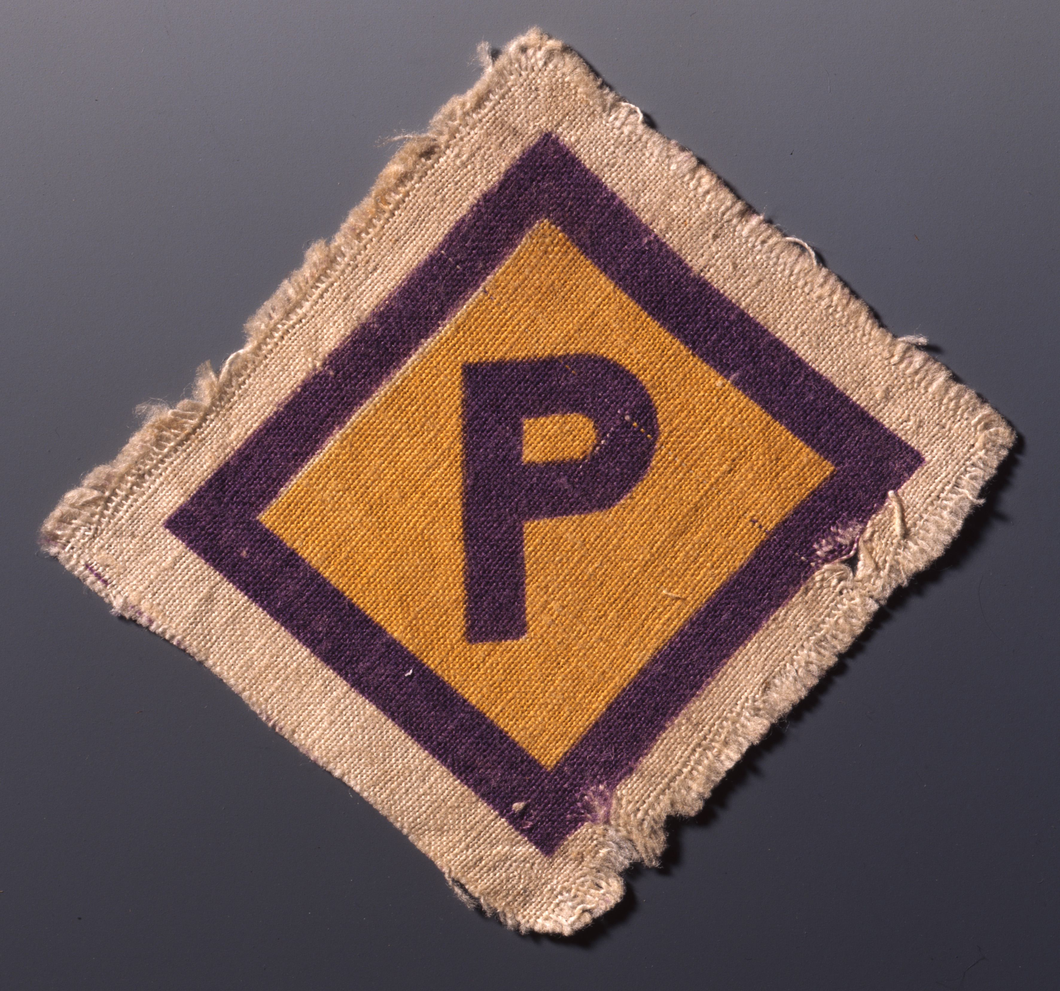 A fabric badge featuring the letter ‘P’.