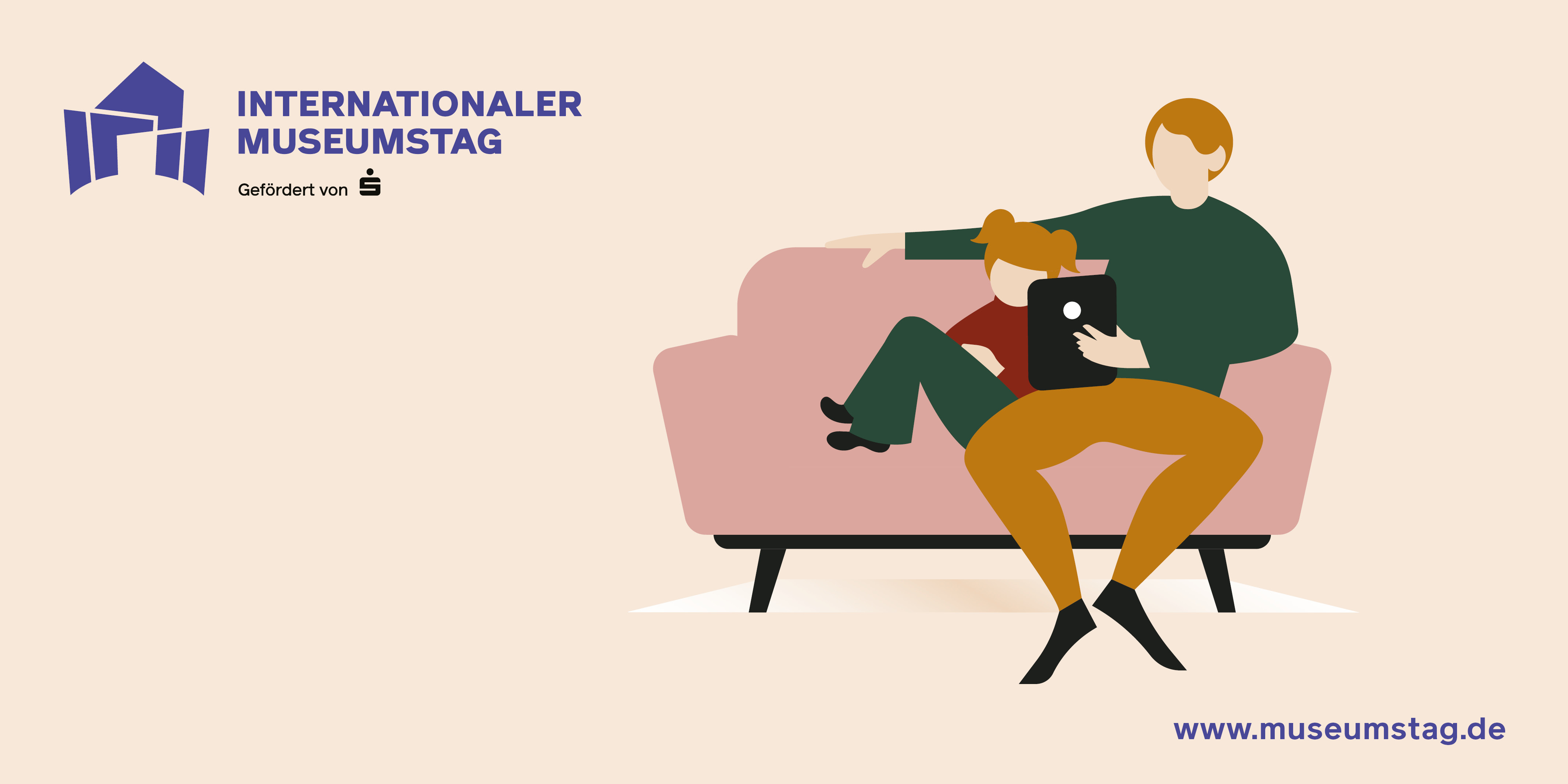 Illustration mit einem Sofa, auf dem ein Mann und ein Kind sitzen.