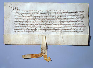 Fief letter by Ruprecht Bishop of Strasbourg and Landgrave of Alsace for the brothers Alheim and Cune Eckebrecht of Dürckheim as well as Peter Hertweck, Hans and Ludwig Eckebrecht of Dürckkheim, April 6th, 1451. (Inv.Nr. Do 78/347 I)