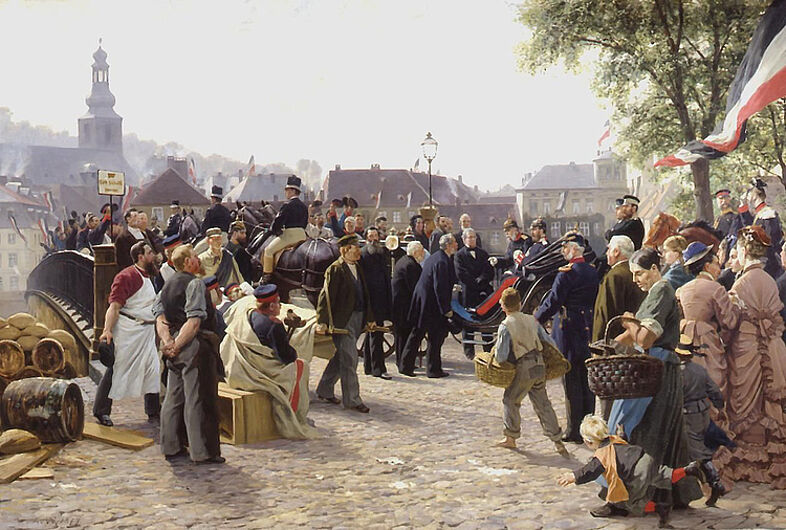 Anton von Werner, Ankunft König Wilhelms I. von Preußen in Saarbrücken am 9. August 1870, 1877.  Das Saarland war zu Anfang des Deutsch-Französischen Krieges von den Franzosen besetzt worden. Drei Tage nach der Erstürmung der Spicherer Höhen zog der preußische König siegreich in Saarbrücken ein. (Inv.Nr. 1987/304)