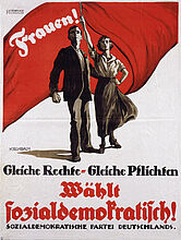 Gottfried Kirchbach, Plakat der Sozialdemokratischen Partei Deutschlands (SPD) zur Wahl der verfassungsgebenden Nationalversammlung, mit dem Appell an die Frauen, die SPD zu wählen, die die Gleichberechtigung der Frauen erkämpft hat, 1919. Gottfried Kirchbach, Plakat der Sozialdemokratischen Partei Deutschlands (SPD) zur Wahl der verfassungsgebenden Nationalversammlung, mit dem Appell an die Frauen, die SPD zu wählen, die die Gleichberechtigung der Frauen erkämpft hat, 1919. Zuversichtlich blicken der Mann und die Frau vor der roten Fahne der Arbeiterbewegung in die Zukunft. Die Sozialdemokraten stellten mit 165 von 423 Mandaten die stärkste Fraktion in der Nationalversammlung. (Inv.Nr. P 61/1477)