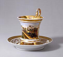 Königliche Porzellan Manufaktur (KPM), Display Cup with the Motif "Berlin Station of the Berlin Potsdamer Eisenbahn", with Saucer, 1838-1844. Königliche Porzellan Manufaktur (KPM), Display Cup With the Motif "Berlin Station of the Berlin Potsdamer Eisenbahn", With Saucer, 1838-1844. (Inv.Nr. KG 2004/12.1-2)