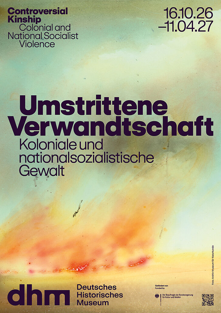Ausstellungsplakat „Umstrittene Verwandtschaft. Koloniale und nationalsozialistische Gewalt“