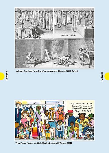 Auf hellblauem Hintergrund sind übereinander zwei Kinderbuch-Illustrationen platziert: ein schwarz-weißer Kupferstich und eine bunte Comic-Zeichnung. Der Kupferstich ist in drei Szenen unterteilt und zeigt oben links und rechts je einen Ankleideraum mit hängenden Kleidern und Perücken. Unten fünf Kinder, die in ihrer Freizeit ihre Kleidung zum Beispiel mit Feuer oder Raufen beschädigen. Die bunte Illustration zeigt viele verschiedene Menschen in einer U-Bahn – unterschiedliche Körper, Hautfarben, Alter. Text: „Breite Körper oder schmale, hochgewachs’ne, minimale, Körper mittendrin, jawoll! Körper sind toll!“