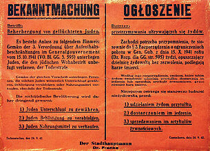 Announcement about the Prohibition of Accommodating Refugee Jews in the “Generalgouvernement” under Threat of the Death Penalty (in German and Polish), September 24, 1942. Announcement about the Prohibition of Accommodating Refugee Jews in the “Generalgouvernement” under Threat of the Death Penalty (in German and Polish), September 24, 1942. (Inv.Nr. Do2 2000/1149)
