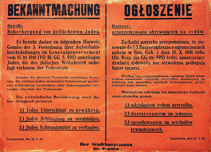 Announcement about the Prohibition of Accommodating Refugee Jews in the “Generalgouvernement” under Threat of the Death Penalty (in German and Polish), September 24, 1942. (Inv.Nr. Do2 2000/1149)