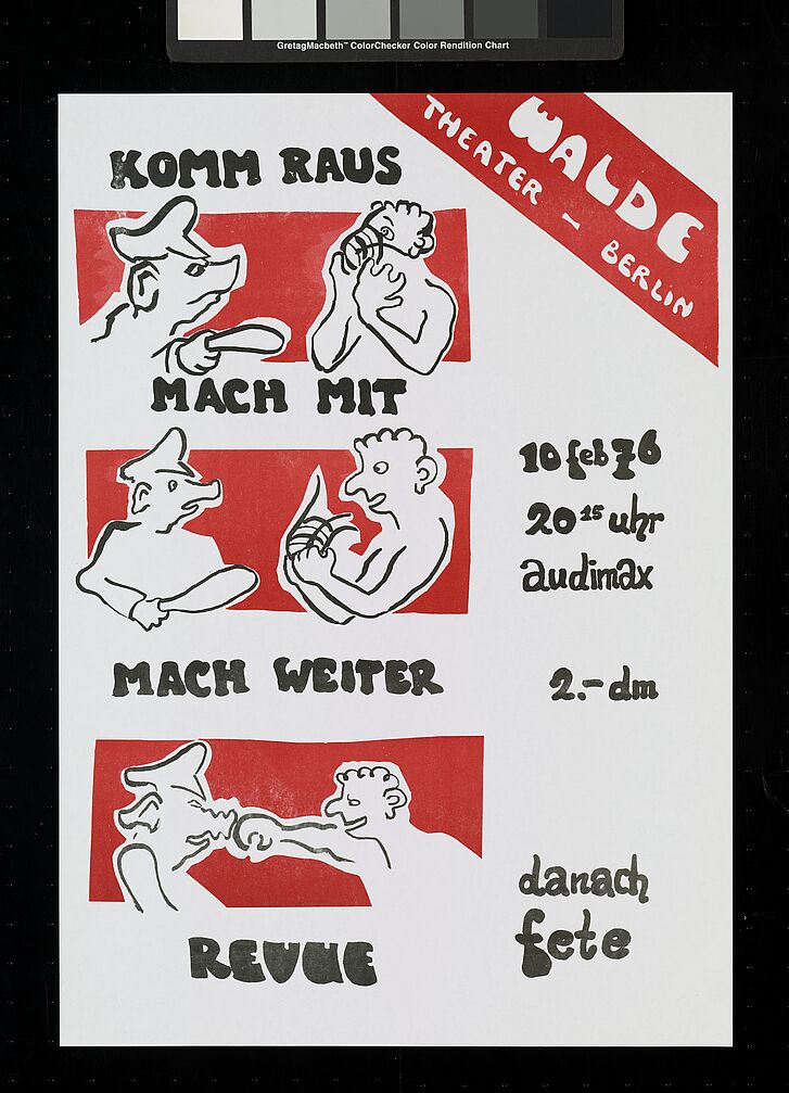 Plakat mit Illustration eines vermenschlichten Schweins und eines Menschen.