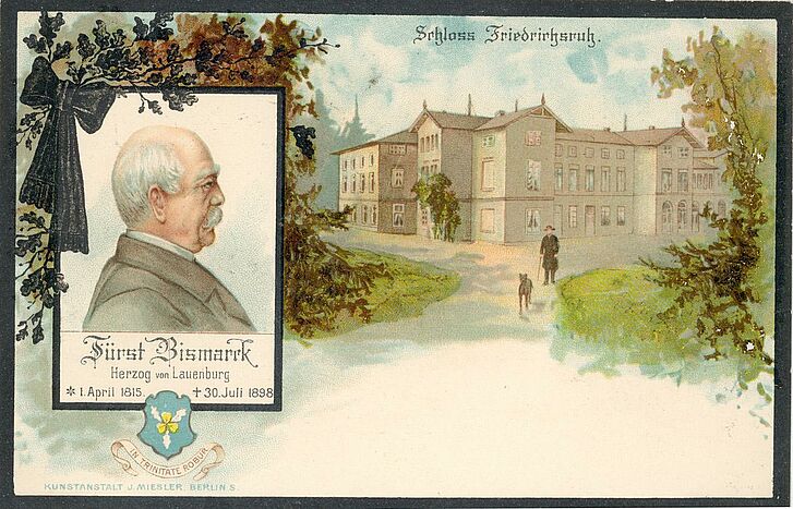 Karte mit Porträt Bismarcks und Friedrichsruh.
