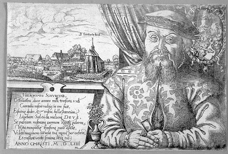 Stich eines Mannes mit einer Stadtansicht im Hintergrund.