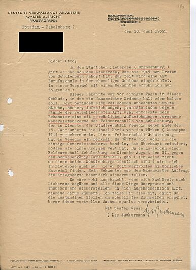 Schreiben Leo Zuckermanns an Otto Winzer, 28. Juni 1952 (DHM-HArch MfDG/484.3, Bl. 45) © DHM