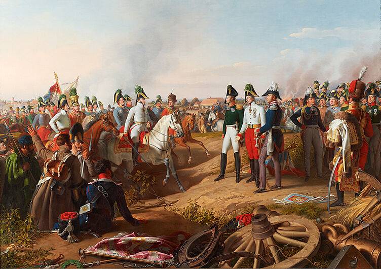 Peter Krafft, Siegesmeldung nach der Schlacht bei Leipzig am 18. Oktober 1813, 1839. Zar Alexander I., Kaiser Franz I. und König Friedrich Wilhelm III. bei Entgegennahme der Siegesmeldung. Nach dem Sieg gründeten die drei Monarchen eine „Heilige Allianz“ und stellten sich gegen nationale Bestrebungen. (Inv.Nr. Gm 96/38)