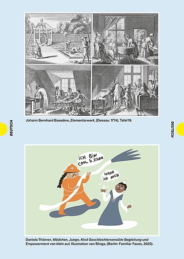 Auf hellblauem Hintergrund sind übereinander zwei Kinderbuch-Illustrationen platziert: ein schwarz-weißer Kupferstich und eine bunte minimalistische Illustration. Der Kupferstich ist in vier gleich große Felder mit handwerklichen und häuslichen Arbeitsszenen des 18. Jahrhunderts unterteilt. Die minimalistische Illustration auf hellgrünem Hintergrund zeigt links eine orange gekleidete Figur mit Helm und langem braunem Zopf in einer kraftvollen Pose, sie hält einen Schlauch, aus dem Wasser sprudelt. Die Figur spricht: „ICH BIN COOL & STARK“. Rechts steht eine kleinere Figur im grauen Kleid mit dunkler Hautfarbe, mit einer Hand erhoben, aus der Sterne aufsteigen. Diese Figur spricht: „WOAH ICH AUCH“.
