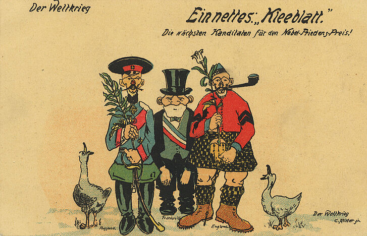 Personifikationen von Frankreich, England und Russland und zwei Enten.