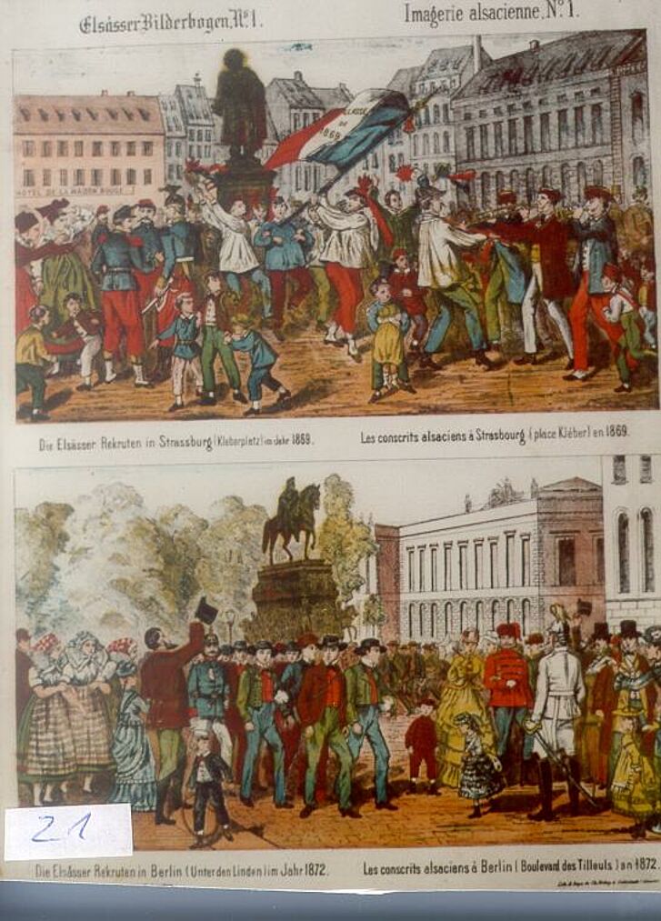 Zwei Illustrationen mit eine Menge von Menschen darauf, welche sich je auf Plätzen in Straßburg und Berlin versammeln.