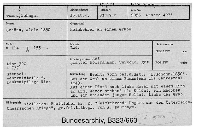 Karteikarte der Restitutionskartei zum gesuchten Gemälde von Alois Schönn, Münchener Nummer „9055“ © DHM