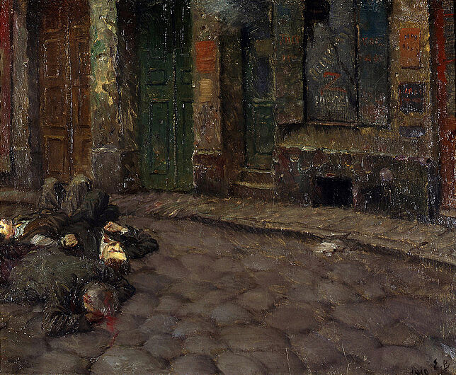 Kurt Eisner, Im Morgengrauen, 1919. Kurt Eisner, Im Morgengrauen, 1919. In düsteren Farben führt der Maler die blutigen Folgen des Kampfes um die Münchner Räterepublik vor Augen. Beide Seiten gingen auch gegen Unbeteiligte äußerst brutal vor. (Inv.Nr. 1987/204)