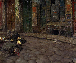 Kurt Eisner, Im Morgengrauen, 1919. Kurt Eisner, Im Morgengrauen, 1919. In düsteren Farben führt der Maler die blutigen Folgen des Kampfes um die Münchner Räterepublik vor Augen. Beide Seiten gingen auch gegen Unbeteiligte äußerst brutal vor. (Inv.Nr. 1987/204)