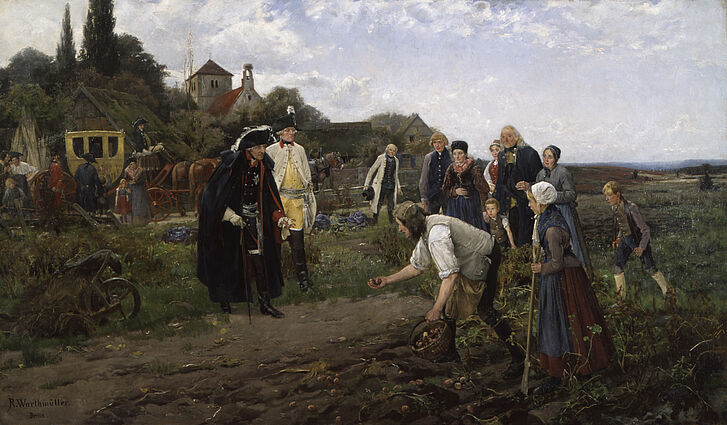 Müller, Robert (gen. Warthmüller, 1859-1895): Der König überall, Öl auf Leinwand, Berlin, 1886 Bild von Feldarbeitern bei der Arbeit