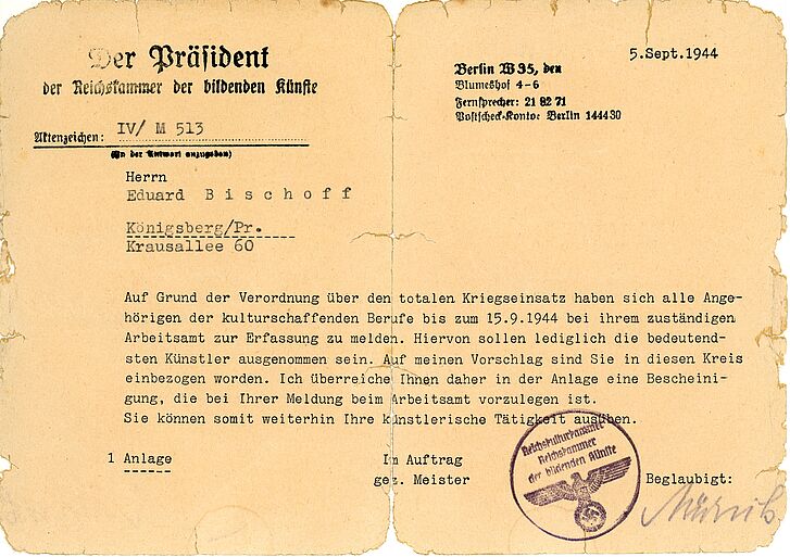 Anschreiben der Reichskammer der Bildenden Künste an Eduard Bischoff Anschreiben der Reichskammer der Bildenden Künste an Eduard Bischoff
