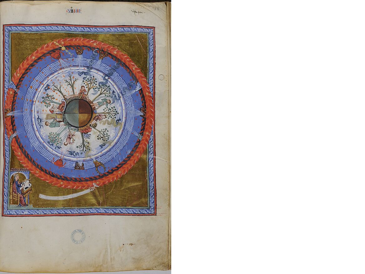 Miniature on the blooming and wilting “greening power” from “Liber divinorum operum” by Hildegard of Bingen, fourth vision, Rhine scriptorium, 2nd or 3rd decade of the 13th century