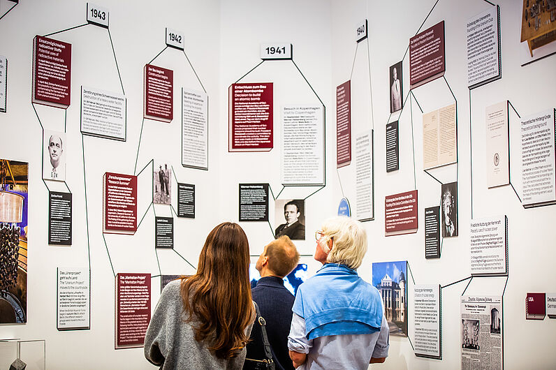 Drei Personen stehen vor einer Wand mit Zeitleiste und Text.