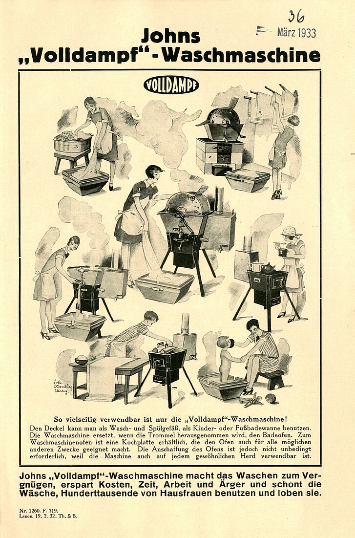 Plakat zu "Johns Volldampf-Waschmaschine" mit Bildern zum Waschen von Wäsche.