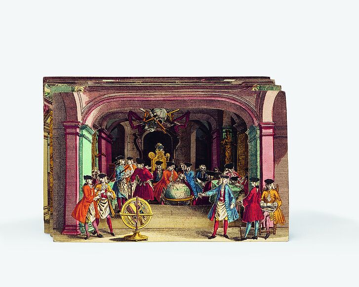 Martin Engelbrecht, Paper theatre scene “Freemason Gathering” (6-part), Augsburg, ca. 1730 