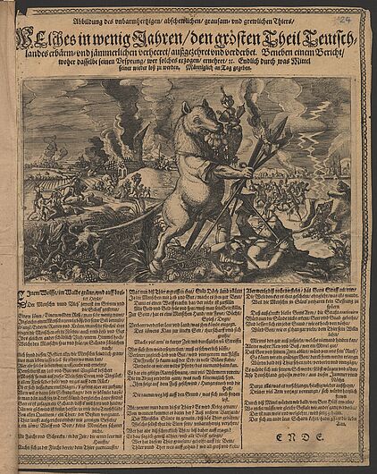 Flugblatt aus dem Dreißigjährigen Krieg mit der „Abbildung des unbarmhertzigen, abschewlichen, grausam- und grewlichen Thiers“, um 1630 