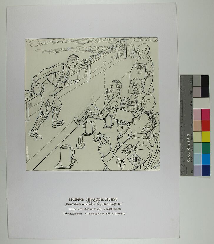 Karikatur von Hitler, der Bowling mit Köpfen spielt.
