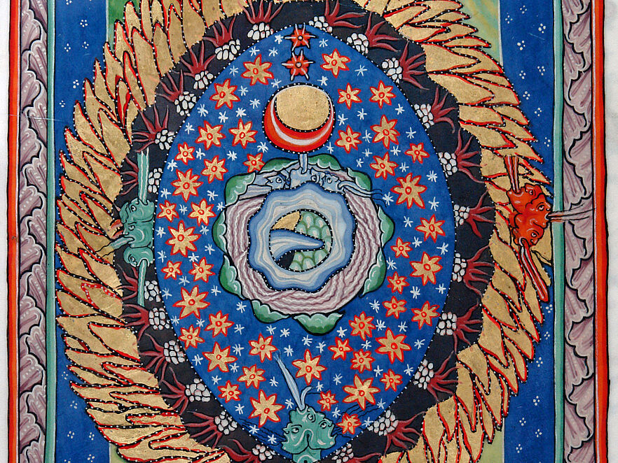 Miniatur „Das Weltenei“ aus dem Rupertsberger Scivias-Kodex, Nonnen der Abtei St. Hildegard, nach dem Original von Hildegard von Bingen, verschollenes Original ca. 1175, Handkopie ca. 1930